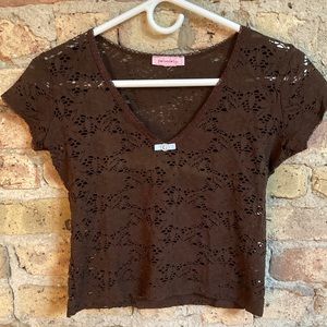 Mocha brown chocolate lace stretchy shirt with cute baby blue bow with diamonds